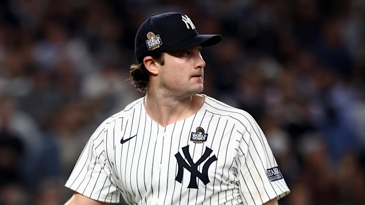 Oct 30, 2024; New York, New York, USA; New York Yankees pitcher Gerrit Cole (45) reacts after a play during the fifth inning against the Los Angeles Dodgers in game five of the 2024 MLB World Series at Yankee Stadium.