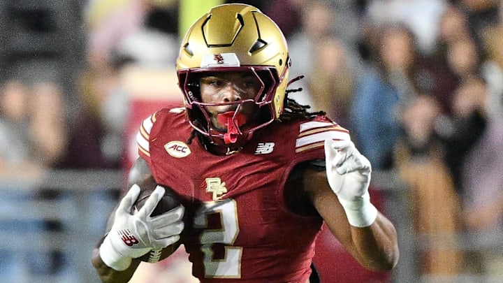 Oct 11, 2025; Chestnut Hill, Massachusetts, USA; Boston College Eagles running back Turbo Richard (2) runs the ball against the Clemson Tigers during the first half at Alumni Stadium. Mandatory Credit: Eric Canha-Imagn Images Oct 11, 2025; Chestnut Hill, Massachusetts, USA; Boston College Eagles running back Turbo Richard (2) runs the ball against the Clemson Tigers during the first half at Alumni Stadium. Mandatory Credit: Eric Canha-Imagn Images