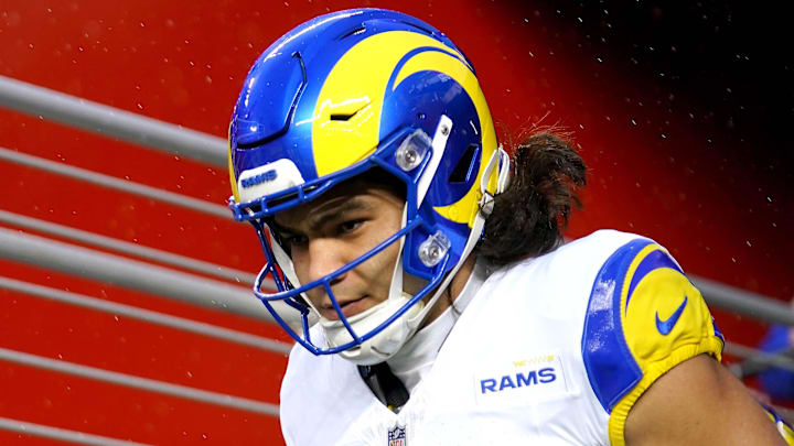 Dec 12, 2024; Santa Clara, California, USA; Los Angeles Rams wide receiver Puka Nacua (17) walks towards the field before the start of the game against the San Francisco 49ers at Levi's Stadium. Mandatory Credit: Cary Edmondson-Imagn Images