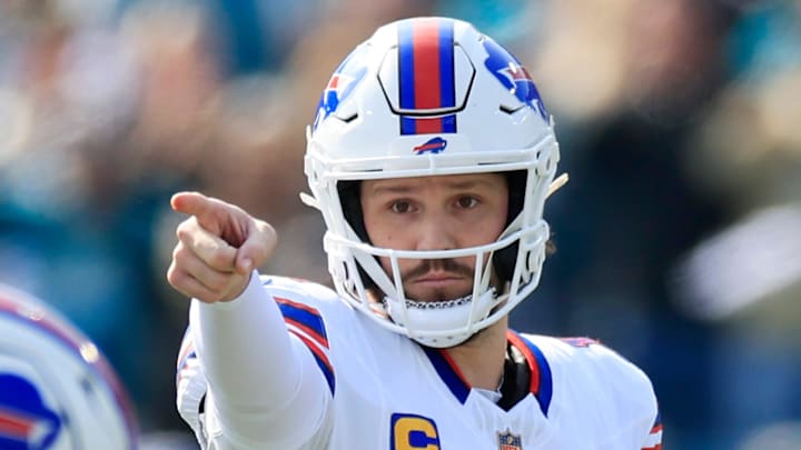 Buffalo Bills quarterback Josh Allen (17) calls a play during the first quarter of an NFL football AFC Wild Card playoff matchup, Sunday, Jan. 11, 2026, in Jacksonville, Fla. The Bills defeated the Jaguars 27-24. [Corey Perrine/Florida Times-Union]