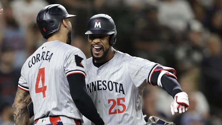 Jun 29, 2024; Seattle, Washington, USA; Minnesota Twins outfielder Byron Buxton (25) celebrates his three run homr run with Minnesota Twins shortstop Carlos Correa (4) and Minnesota Twins third baseman Jose Miranda (64) during the sixth inning against the Seattle Mariners at T-Mobile Park.