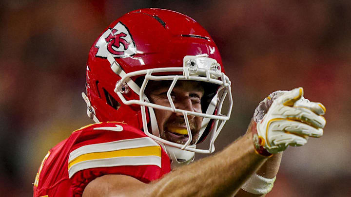 Dec 25, 2025; Kansas City, Missouri, USA; Kansas City Chiefs tight end Travis Kelce (87) celebrates after first down during the second quarter at GEHA Field at Arrowhead Stadium. Mandatory Credit: Jay Biggerstaff-Imagn Images