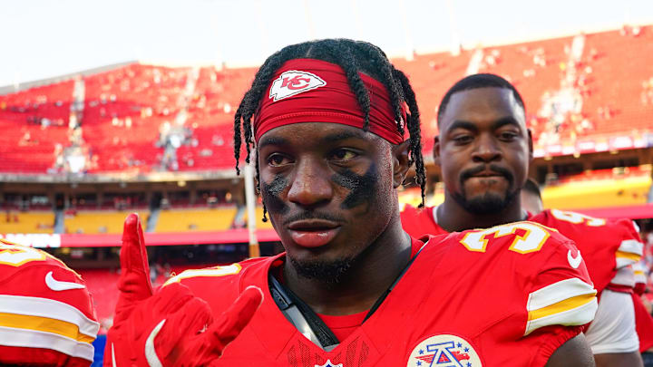 Sep 28, 2025; Kansas City, Missouri, USA; Kansas City Chiefs cornerback Jaylen Watson (35) and linebacker Jeffrey Bassa (31) leave the field against the Baltimore Ravens after game at GEHA Field at Arrowhead Stadium. 