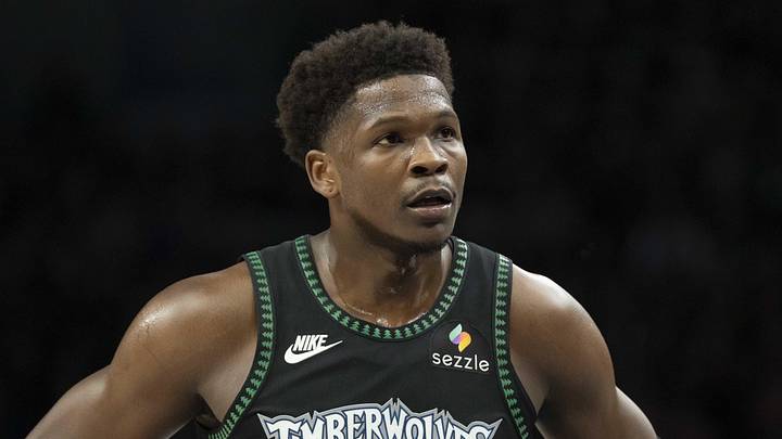 May 8, 2026; Minneapolis, Minnesota, USA; Minnesota Timberwolves guard Anthony Edwards (5) against the San Antonio Spurs in the first half during game three of the second round of the 2026 NBA Playoffs at Target Center. Mandatory Credit: Jesse Johnson-Imagn Images