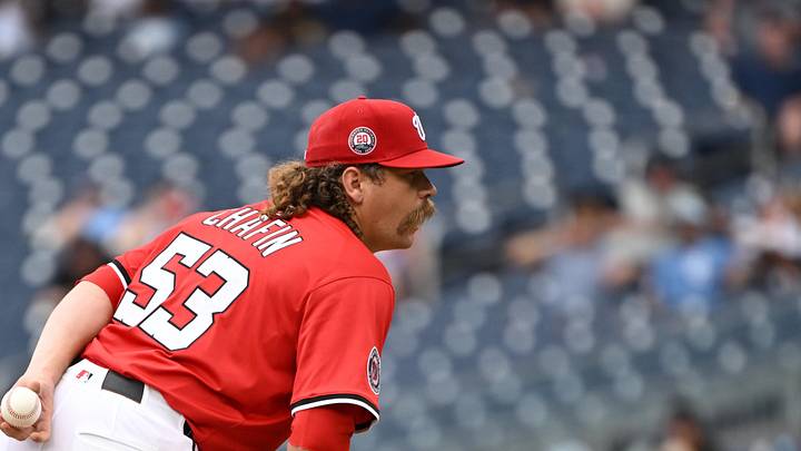 Jul 6, 2025; Washington, District of Columbia, USA; Washington Nationals relief pitcher Andrew Chafin (53) prepares to throw a pitch against the Boston Red Sox during the eighth inning at Nationals Park. Mandatory Credit: Rafael Suanes-Imagn Images