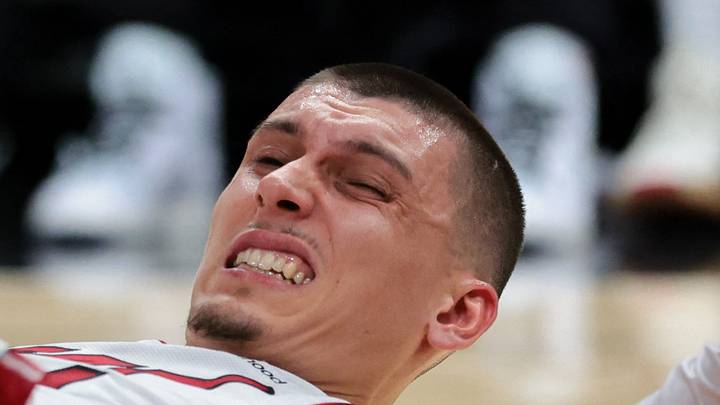 Miami Heat guard Tyler Herro (14) reacts against the Boston Celtics during the fourth quarter at Kaseya Center on Apr 1, 2026.