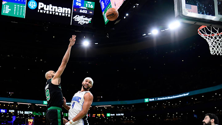 Dec 15, 2023; Boston, Massachusetts, USA; Boston Celtics guard Derrick White (9) shoots the ball
