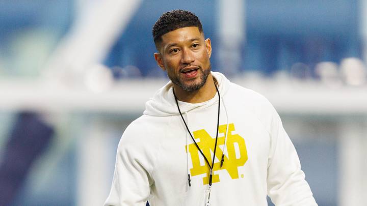 Head coach Marcus Freeman greets his players during a Notre Dame football practice at Irish Athletic Center on Friday, March 20, 2026, in South Bend. Head coach Marcus Freeman greets his players during a Notre Dame football practice at Irish Athletic Center on Friday, March 20, 2026, in South Bend.