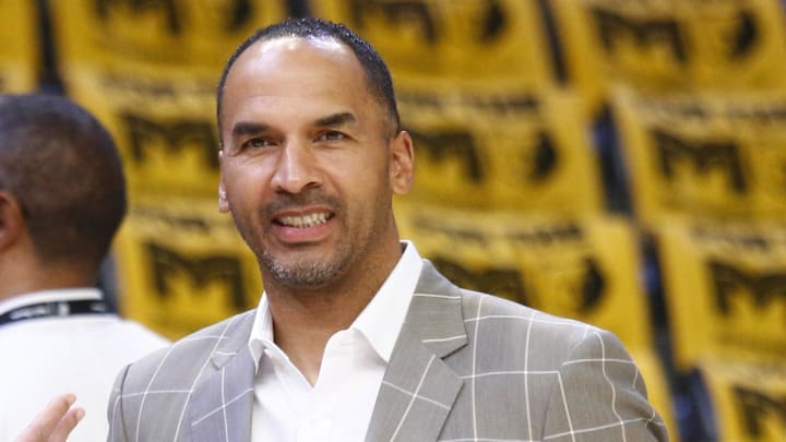 Apr 18, 2025; Memphis, Tennessee, USA; Dallas Mavericks general manager Nico Harrison watches warm ups prior to a game against the Memphis Grizzlies at FedExForum. Mandatory Credit: Petre Thomas-Imagn Images