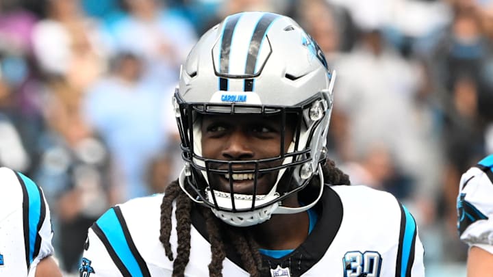 Sep 15, 2024; Charlotte, North Carolina, USA; Carolina Panthers guard Robert Hunt (50) and linebacker Jadeveon Clowney (7) before the game at Bank of America Stadium. Mandatory Credit: Bob Donnan-Imagn Images