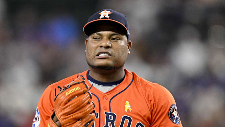 Sep 7, 2025; Arlington, Texas, USA; Houston Astros starting pitcher Framber Valdez (59) pitches against the Texas Rangers during the first inning at Globe Life Field. 