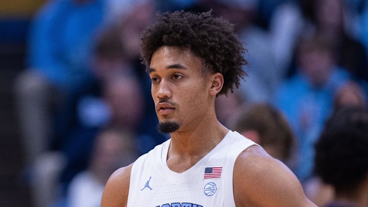 Dec 22, 2025; Chapel Hill, North Carolina, USA; North Carolina Tar Heels guard Seth Trimble (7) looks on during the first half against the East Carolina Pirates at Dean E. Smith Center. Mandatory Credit: Scott Kinser-Imagn Images