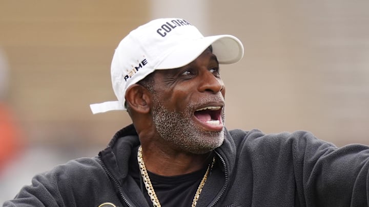 Oct 11, 2025; Boulder, Colorado, USA; Colorado Buffaloes head coach Deion Sanders before the game against the Iowa State Cyclones at Folsom Field. Mandatory Credit: Ron Chenoy-Imagn Images