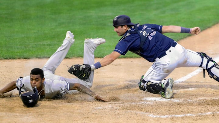 Hudson Valley's Alexander Vargas is tagged out by Wilmington catcher Caleb Farmer on a fourth-inning grounder as the Rocks played their infield in during the Blue Rocks' 6-3 loss at Frawley Stadium, Friday, August 4, 2023. Hudson Valley's Alexander Vargas is tagged out by Wilmington catcher Caleb Farmer on a fourth-inning grounder as the Rocks played their infield in during the Blue Rocks' 6-3 loss at Frawley Stadium, Friday, August 4, 2023.