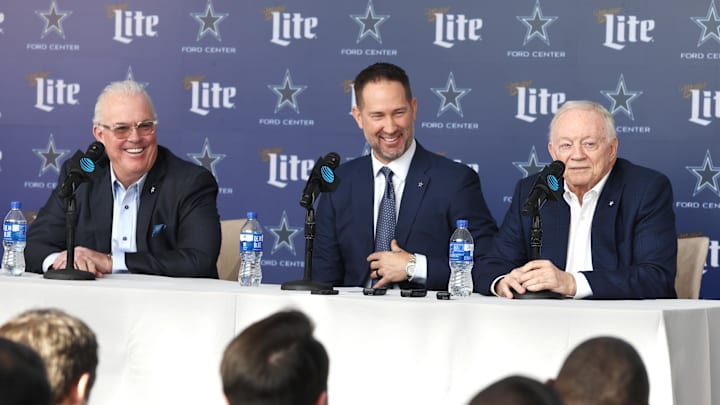 Dallas Cowboys CEO Stephen Jones, head coach Brian Schottenheimer, and owner Jerry Jones speak to the media. Dallas Cowboys CEO Stephen Jones, head coach Brian Schottenheimer, and owner Jerry Jones speak to the media.