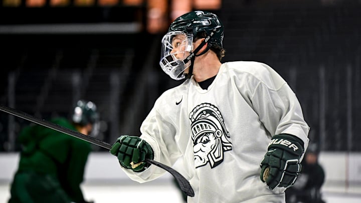 Michigan State's Tiernan Shoudy skates during hockey practice on Thursday, Sept. 25, 2025, at Munn Arena in East Lansing.