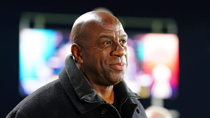 Nov 23, 2024; Kansas City, Missouri, USA; Magic Johnson attends the 2024 NWSL Championship match at CPKC Stadium. Mandatory Credit: Denny Medley-Imagn Images