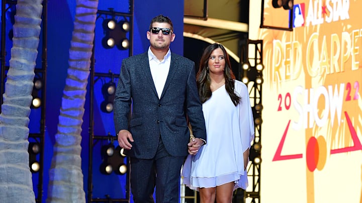 Jul 19, 2022; Los Angeles, CA, USA; National League third baseman Austin Riley (27) of the Atlanta Braves with wife Anna during the Red Carpet Show at L.A. Live. Mandatory Credit: Gary A. Vasquez-Imagn Images