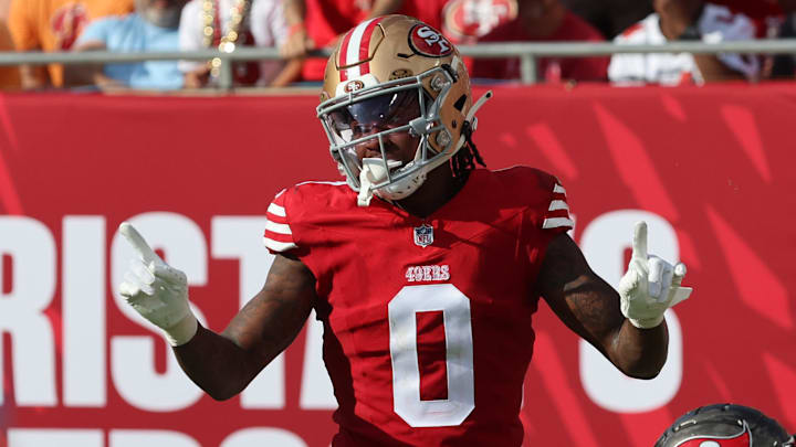 Nov 10, 2024; Tampa, Florida, USA; San Francisco 49ers cornerback Renardo Green (0) celebrates after he breaks up Tampa Bay Buccaneers wide receiver Ryan Miller (81) catch during the second half at Raymond James Stadium. Mandatory Credit: Kim Klement Neitzel-Imagn Images