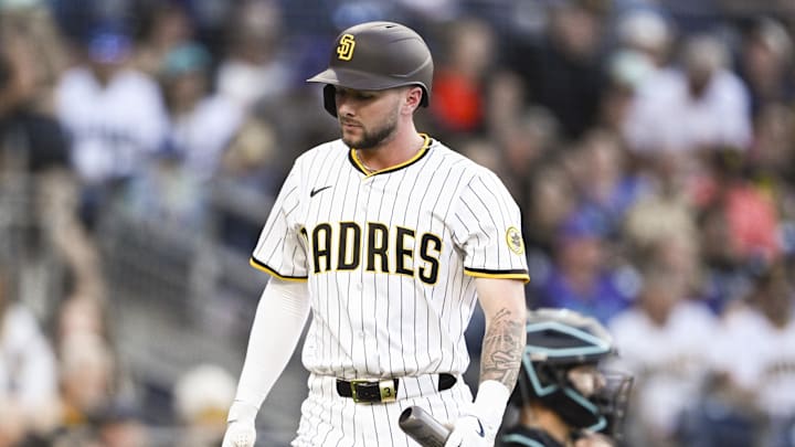 Jul 10, 2025; San Diego, California, USA; San Diego Padres center fielder Jackson Merrill (3) walks back to the dugout after striking out during the second inning against the Arizona Diamondbacks at Petco Park. Mandatory Credit: Denis Poroy-Imagn Images a Jul 10, 2025; San Diego, California, USA; San Diego Padres center fielder Jackson Merrill (3) walks back to the dugout after striking out during the second inning against the Arizona Diamondbacks at Petco Park. Mandatory Credit: Denis Poroy-Imagn Images a