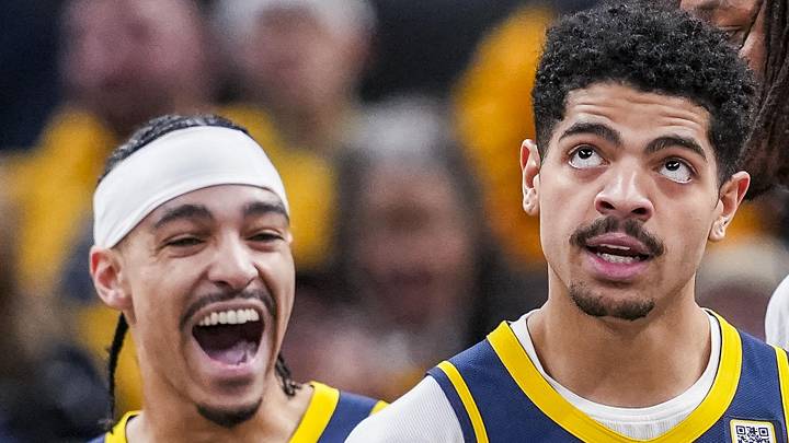 Jan 14, 2014; Indianapolis, IN, USA; Indiana Pacers guard Andrew Nembhard (2) celebrates Indiana Pacers guard Ben Sheppard (26) on Tuesday, Jan. 14, 2025, during an NBA game between the Indiana Pacers and the Cleveland Cavaliers at Gainbridge Fieldhouse in Indianapolis. Mandatory Credit: Grace Smith/USA TODAY Network via Imagn Images Jan 14, 2014; Indianapolis, IN, USA; Indiana Pacers guard Andrew Nembhard (2) celebrates Indiana Pacers guard Ben Sheppard (26) on Tuesday, Jan. 14, 2025, during an NBA game between the Indiana Pacers and the Cleveland Cavaliers at Gainbridge Fieldhouse in Indianapolis. Mandatory Credit: Grace Smith/USA TODAY Network via Imagn Images