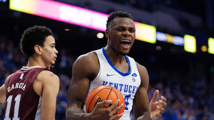 Jan 25, 2022; Lexington, Kentucky, USA; Kentucky Wildcats forward Oscar Tshiebwe (34) reacts to a call during the first half against the Mississippi State Bulldogs at Rupp Arena at Central Bank Center. Mandatory Credit: Jordan Prather-Imagn Images