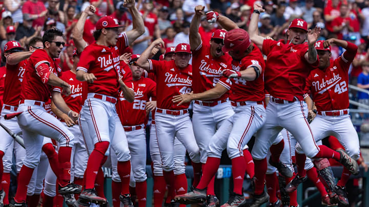 Nebraska baseball players celebrate a home run during the 2024 Big Ten Conference Tournament in Omaha.
