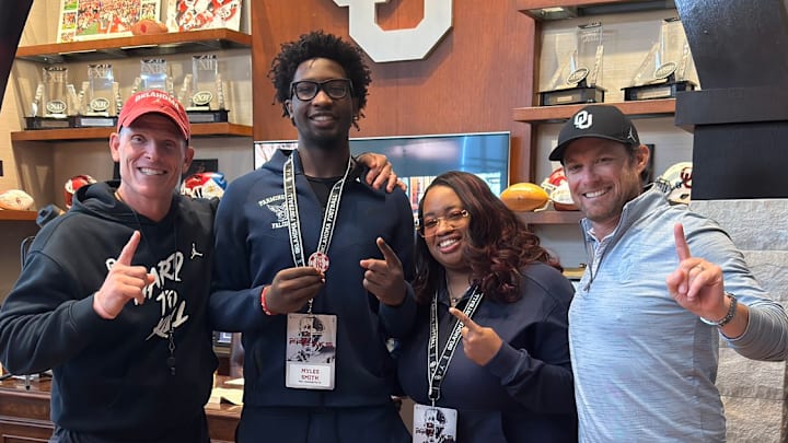 Oklahoma coach Brent Venables, edge rusher target Myles Smith, general manager Jim Nagy.