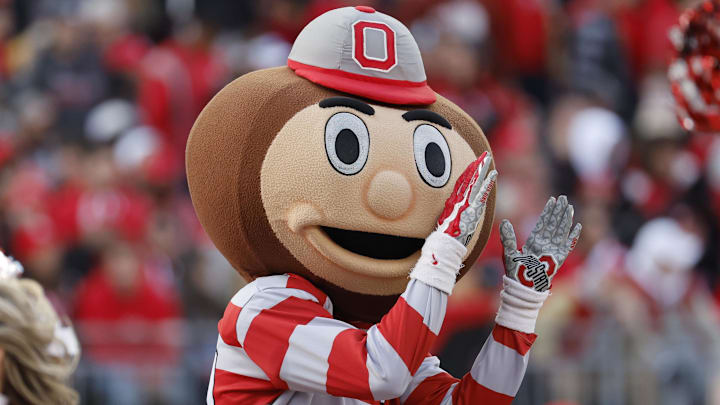 Nov 26, 2022; Columbus, Ohio, USA;  Ohio State Buckeyes mascot Burtus cheer in the second half against the Michigan Wolverines at Ohio Stadium. Mandatory Credit: Rick Osentoski-Imagn Images