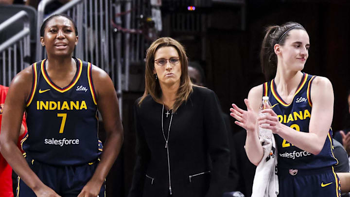 Indiana Fever forward Aliyah Boston (7), head coach Stephanie White, and guard Caitlin Clark on June 14, 2025