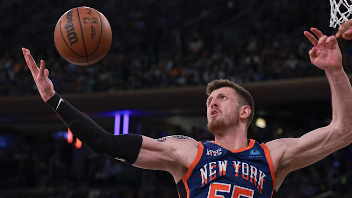 May 14, 2024; New York, New York, USA; New York Knicks center Isaiah Hartenstein (55) rebounds against Indiana Pacers forward Obi Toppin (1) during the second half during game five of the second round for the 2024 NBA playoffs at Madison Square Garden. Mandatory Credit: Vincent Carchietta-Imagn Images May 14, 2024; New York, New York, USA; New York Knicks center Isaiah Hartenstein (55) rebounds against Indiana Pacers forward Obi Toppin (1) during the second half during game five of the second round for the 2024 NBA playoffs at Madison Square Garden. Mandatory Credit: Vincent Carchietta-Imagn Images