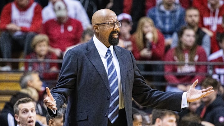 Indiana coach Mike Woodson questions a call during a December 2024 game at Simon Skjodt Assembly Hall in Bloomington, Ind. 