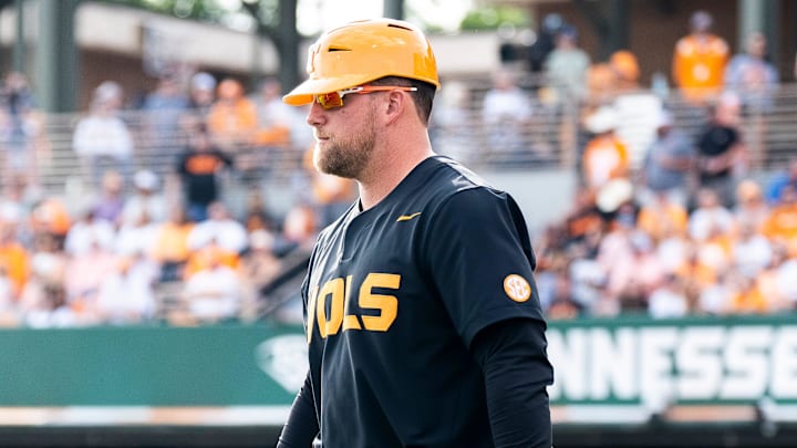 Tennessee assistant head coach Josh Elander during a college baseball game between Tennessee and Vanderbilt at Lindsey Nelson Stadium in Knoxville, Tenn., on May 9, 2025.