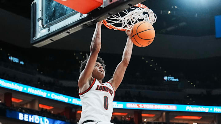 Louisville Cardinals guard Mikel Brown Jr. (0) slams down two points against Eastern Michigan Monday night, Nov. 24, 2025 at the KFC Yum! Center in Louisville, Kentucky.