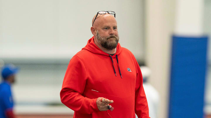 New York Giants head coach Brian Daboll watches his players warm up during Mandatory Minicamp at Quest Diagnostics Giants Training Center in East Rutherford on Tuesday, June 17, 2025.