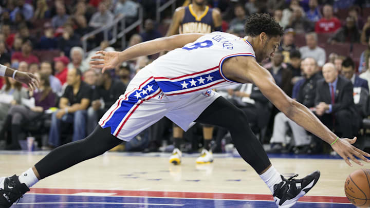 Nov 18, 2015; Philadelphia, PA, USA; Philadelphia 76ers center Jahlil Okafor (8) lunges unsuccessfully to keep the ball in bounds against the Indiana Pacers during the second half at Wells Fargo Center. The Pacers won 112-85. Mandatory Credit: Bill Streicher-Imagn Images Nov 18, 2015; Philadelphia, PA, USA; Philadelphia 76ers center Jahlil Okafor (8) lunges unsuccessfully to keep the ball in bounds against the Indiana Pacers during the second half at Wells Fargo Center. The Pacers won 112-85. Mandatory Credit: Bill Streicher-Imagn Images