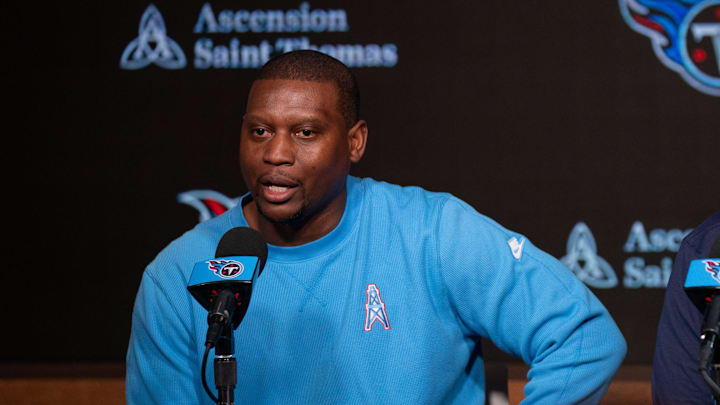 Tennessee Titans Defensive Coordinator Dennard Wilson, left, fields questions with Head Coach Brian Callahan at Ascension Saint Thomas Sports Park in Nashville, Tenn., Wednesday, Feb. 14, 2024.