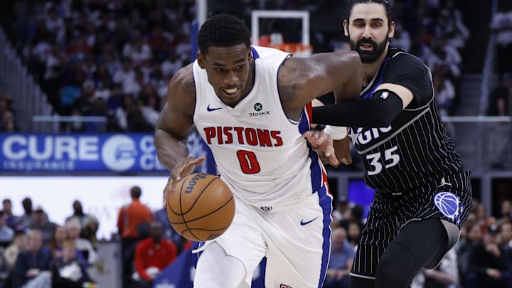 Apr 22, 2026; Detroit, Michigan, USA; Detroit Pistons center Jalen Duren (0) dribbles on Orlando Magic center Goga Bitadze (35) in the second half during game two of the first round of the 2026 NBA Playoffs at Little Caesars Arena. Mandatory Credit: Rick Osentoski-Imagn Images