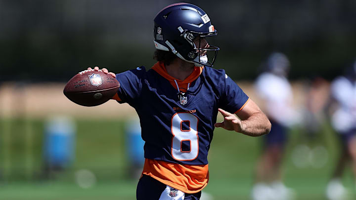 May 23, 2024; Englewood, CO, USA; Denver Broncos quarterback Jarrett Stidham (8) during organized team activities at Centura Health Training Center. Mandatory Credit: Isaiah J. Downing-USA TODAY Sports