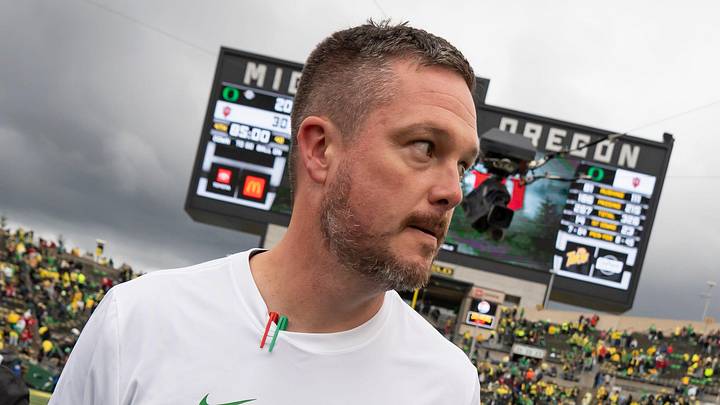 Oregon head coach Dan Lanning walks off the field as the Oregon Ducks host the Indiana Hoosiers Oct. 11, 2025, at Autzen Stadium in Eugene, Oregon. Oregon head coach Dan Lanning walks off the field as the Oregon Ducks host the Indiana Hoosiers Oct. 11, 2025, at Autzen Stadium in Eugene, Oregon.