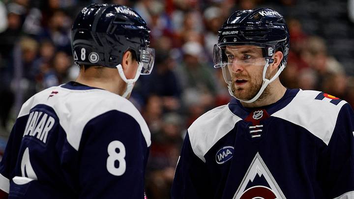 Jan 22, 2025; Denver, Colorado, USA; Colorado Avalanche defenseman Devon Toews (7) talks with defenseman Cale Makar (8) in the first period against the Winnipeg Jets at Ball Arena. Mandatory Credit: Isaiah J. Downing-Imagn Images