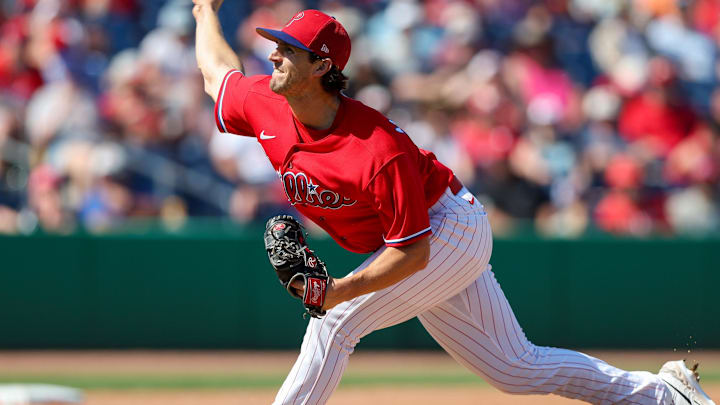 Mar 7, 2023; Clearwater, Florida, USA;  Philadelphia Phillies pitcher Griff McGarry (71) throws a pitch against the Tampa Bay Rays in the fifth inning during spring training at BayCare Ballpark. Mandatory Credit: Nathan Ray Seebeck-Imagn Images