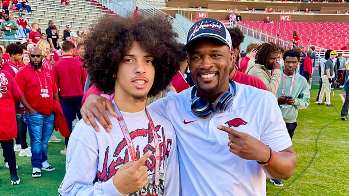 Arkansas Razorbacks safety commit Tay Lockett stands with defensive coordinator Travis Williams prior to a game against LSU during 2024 season. Arkansas Razorbacks safety commit Tay Lockett stands with defensive coordinator Travis Williams prior to a game against LSU during 2024 season.