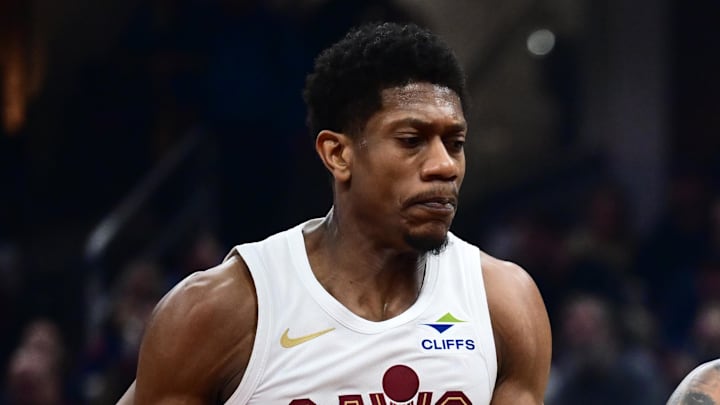 Jan 23, 2026; Cleveland, Ohio, USA; Sacramento Kings guard DeMar DeRozan (10) drives to the basket against Cleveland Cavaliers forward De'andre Hunter (12) during the first half at Rocket Arena. Mandatory Credit: Ken Blaze-Imagn Images