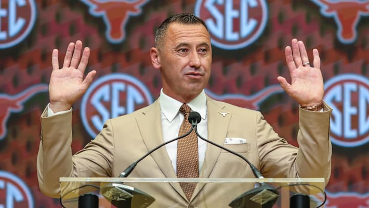 Jul 15, 2025; Atlanta, GA, USA; Texas Longhorns head coach Steve Sarkisan talks to the media during SEC Media Days at Omni Atlanta Hotel. Mandatory Credit: Jordan Godfree-Imagn Images