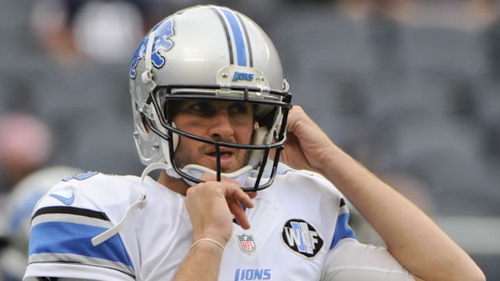 Former Detroit Lions quarterback Dan Orlovsky (8)  before the game against the Chicago Bears at Soldier Field