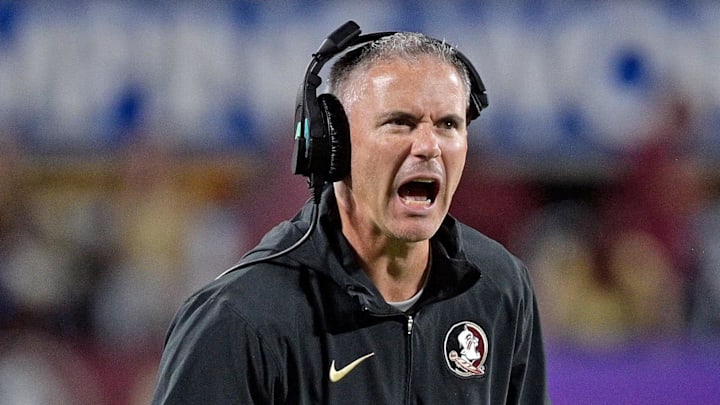 Sep 3, 2023; Orlando, Florida, USA; Florida State Seminoles head coach Mike Norvell is excited during the fourth quarter against the Louisiana State Tigers at Camping World Stadium. Mandatory Credit: Melina Myers-Imagn Images