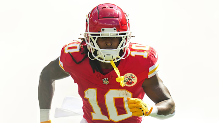 Sep 15, 2024; Kansas City, Missouri, USA; Kansas City Chiefs running back Isiah Pacheco (10) takes the field prior to a game against the Cincinnati Bengals at GEHA Field at Arrowhead Stadium. Mandatory Credit: Jay Biggerstaff-Imagn Images