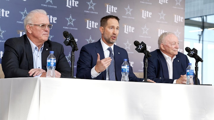 Dallas Cowboys CEO Stephen Jones, head coach Brian Schottenheimer, and owner Jerry Jones talk to the media at a press conference at the Star. 