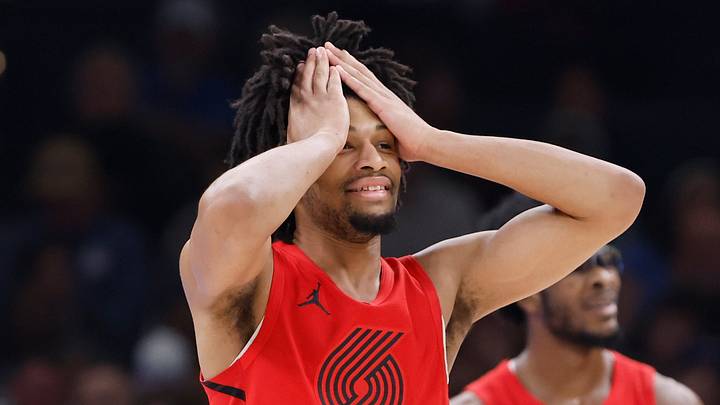 Jan 11, 2024; Oklahoma City, Oklahoma, USA; Portland Trail Blazers guard Shaedon Sharpe (17) reacts after a play against the Oklahoma City Thunder during the second quarter at Paycom Center. Mandatory Credit: Alonzo Adams-USA TODAY Sports